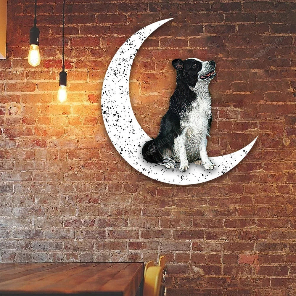 Dog Metal Sign Border Collie Sit On The Moon Dog Wall Sign Gift for Dog Lover - 8 inches - metal sign