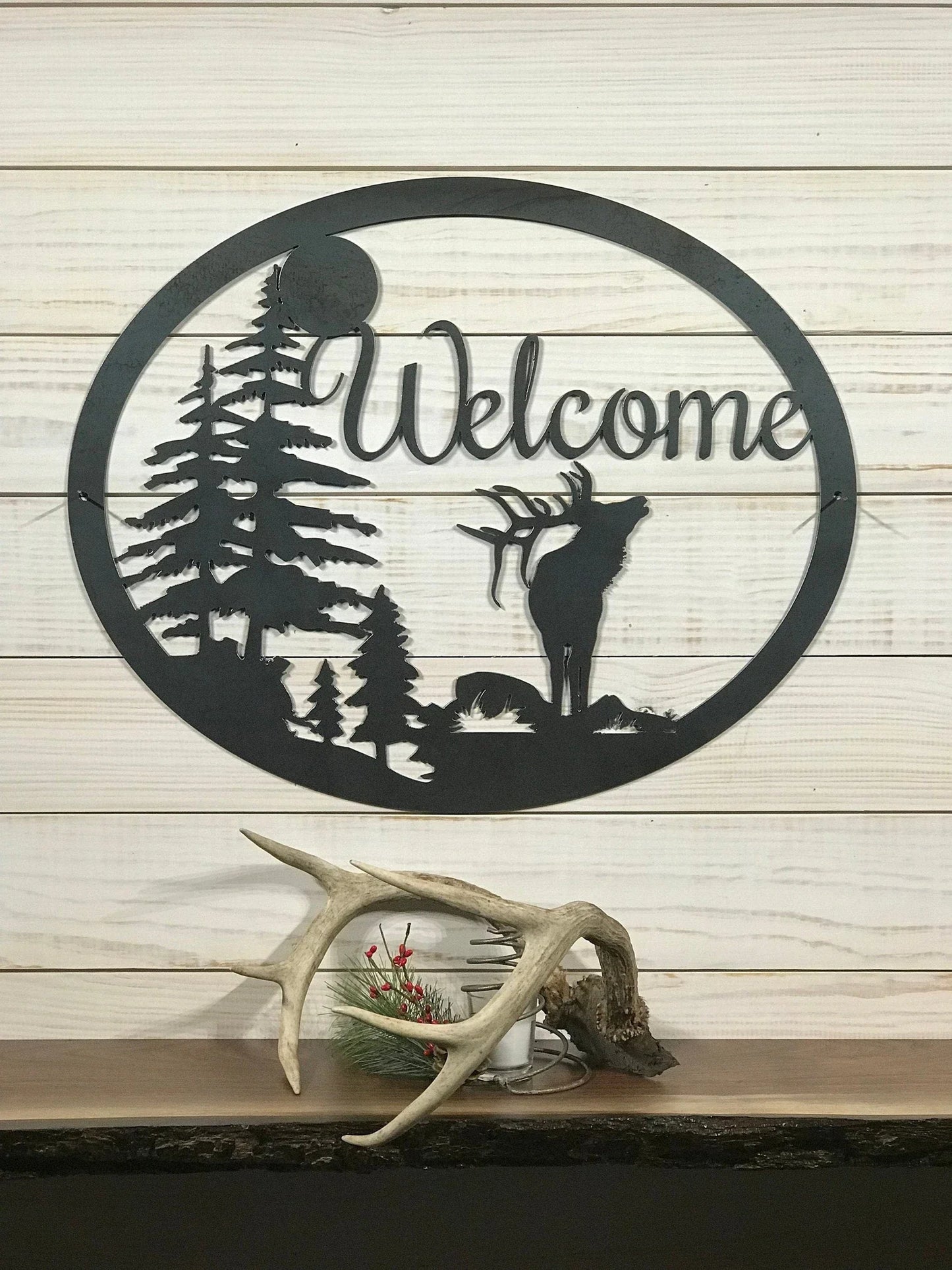 Large Metal Elk Welcome Sign 24 Inch Rustic Metal Decor Large Metal Sign - 8 inches - metal sign