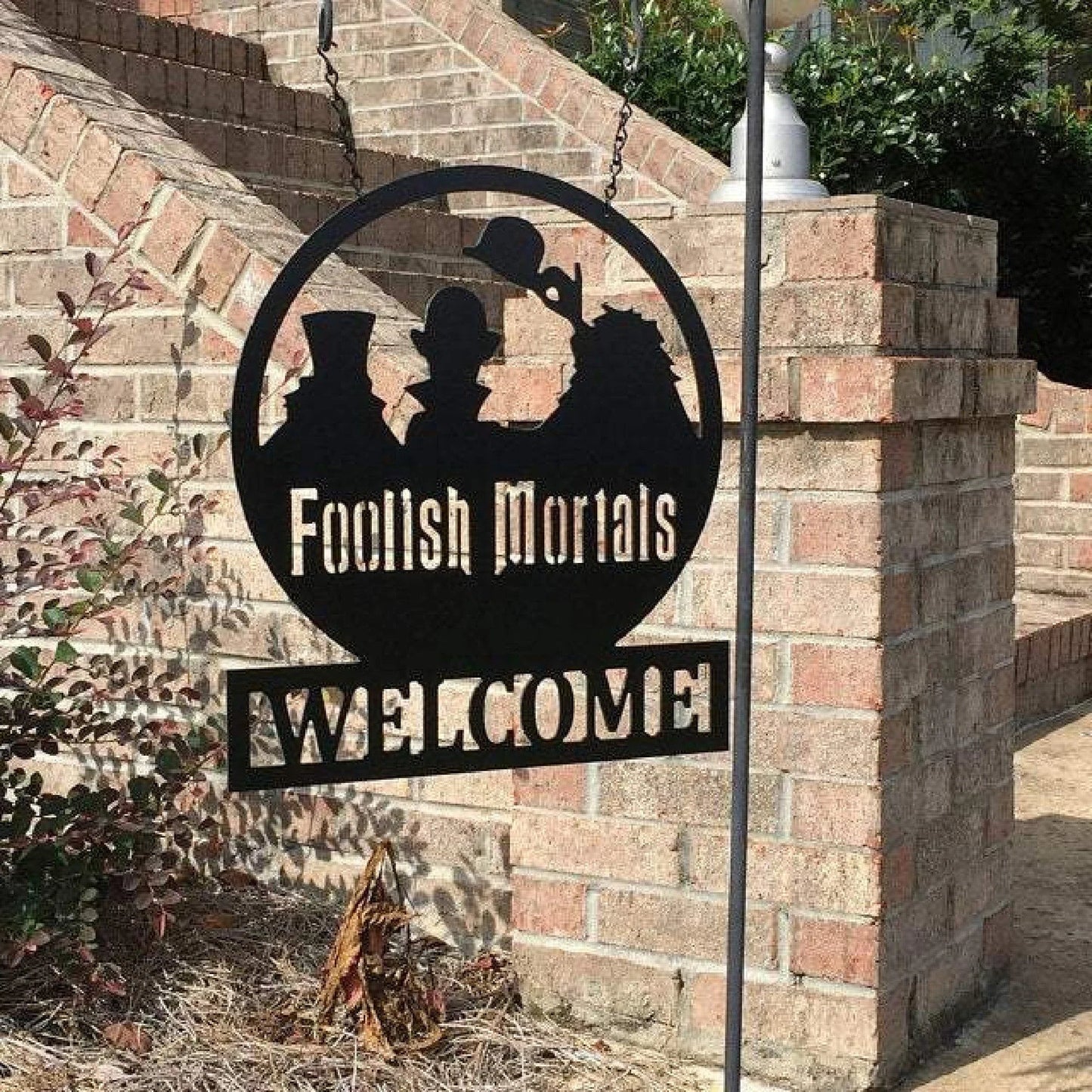Haunted Mansioninspired Welcome Foolish Mortals Yard Garden Sign Halloween Housewarming Gift Idea Hitchhiking Ghosts Decor - 8 inches - metal sign