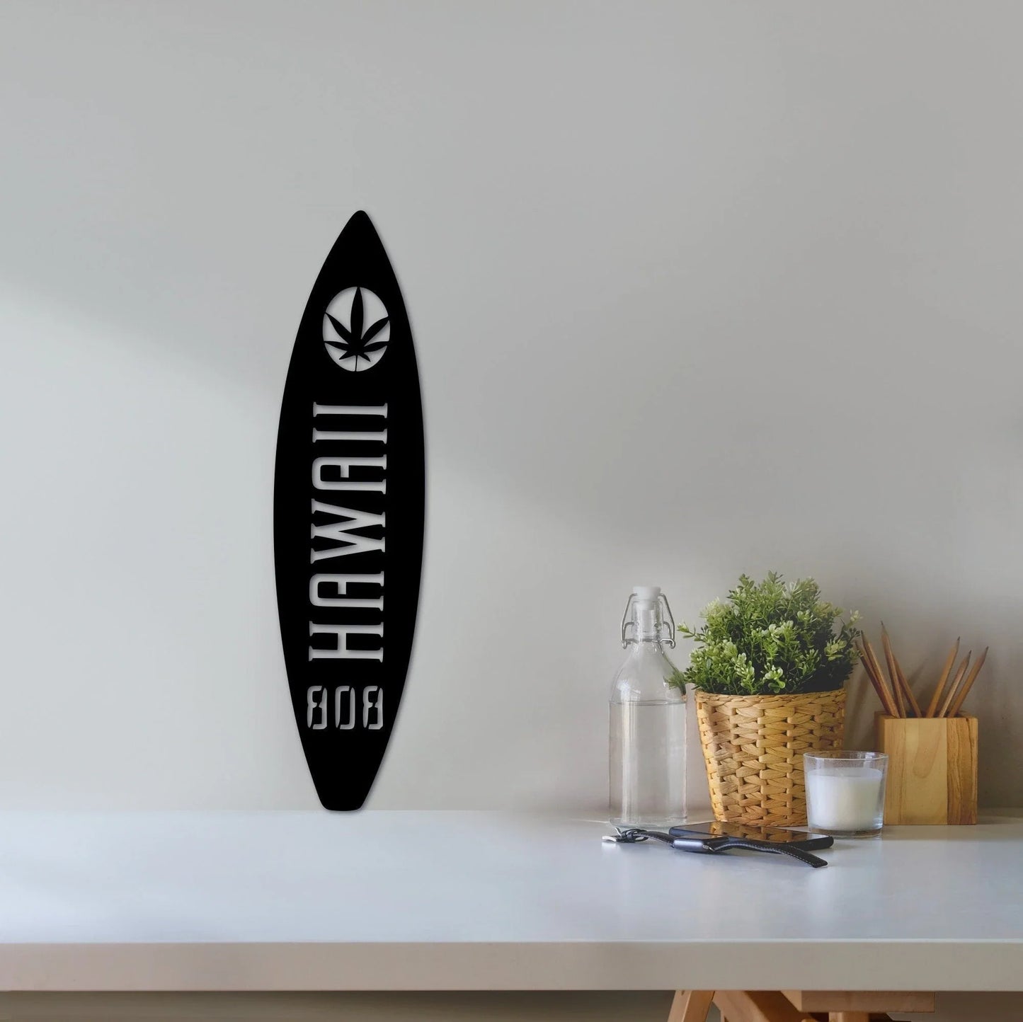 808 Hawaiian Surfboard Sign With Marijuana Leaf Hawaiian Metal Decor Gift For Surfer Pot 420time Hilife Decor - 8 inches - metal sign