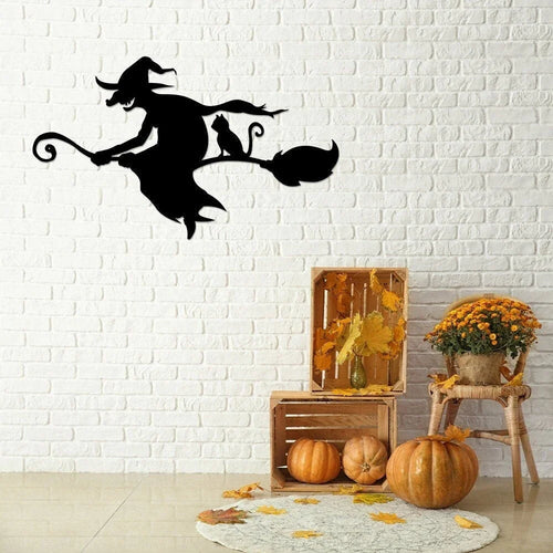 Witch And Cat Broom Silhouette Metal Sign Gothic Wall Decor Halloween Decorations Outdoor Witch Signs Black Cat Sign Halloween Gift - 8 inches - metal sign