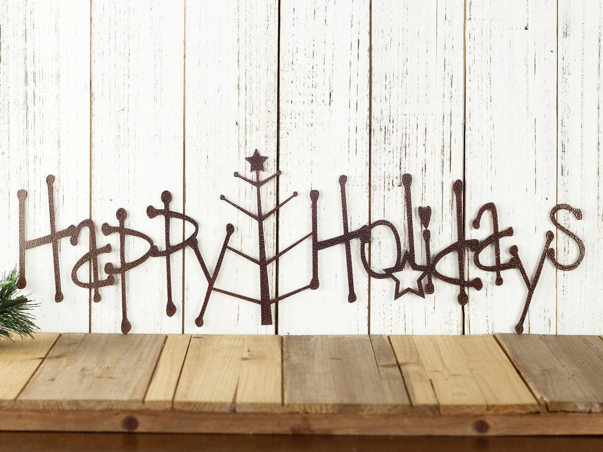 Happy Holidays Metal Sign With Christmas Tree Copper Christmas Tree Outdoor Sign Holiday Decor Christmas - 8 inches - metal sign