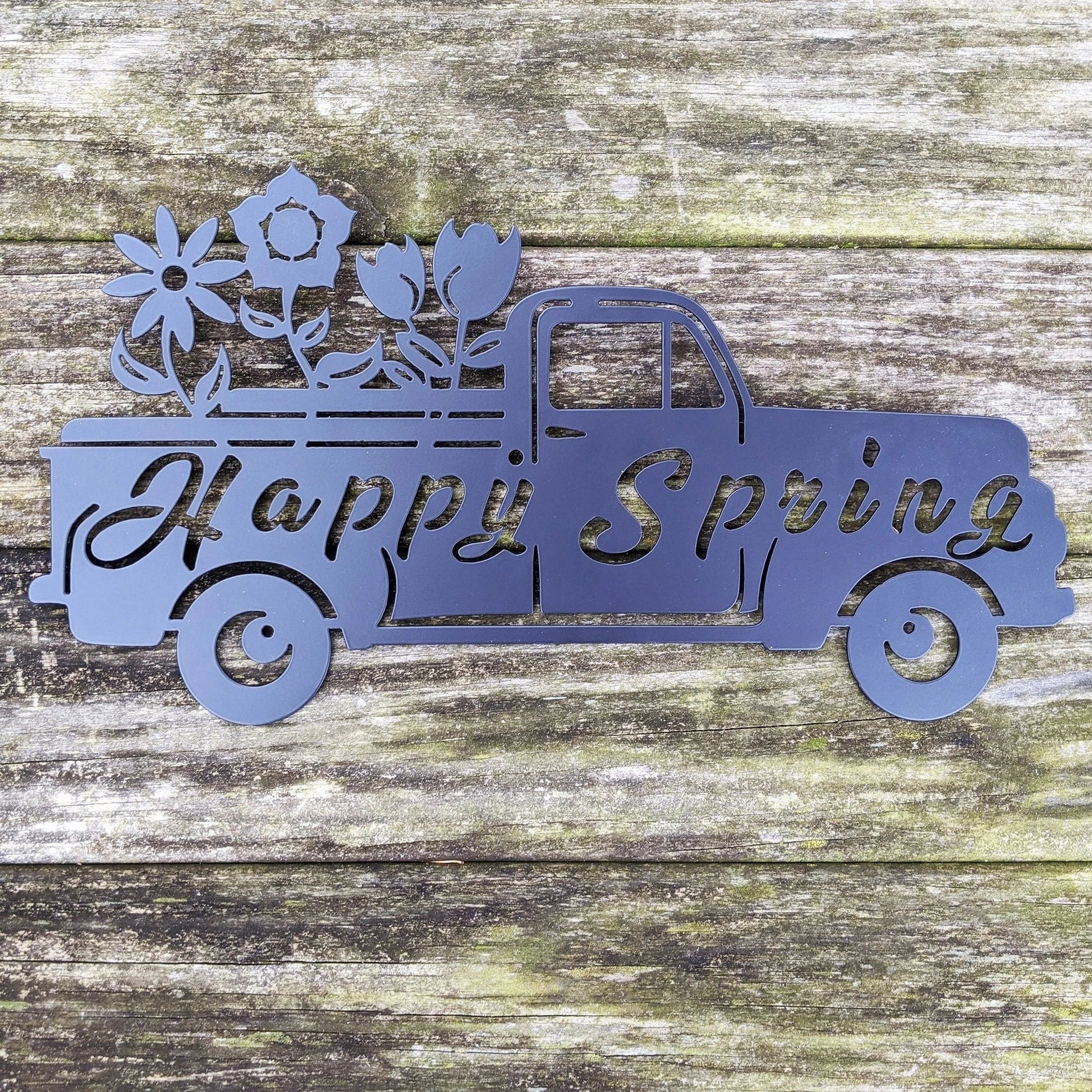 Happy Spring Truck Sign Black Steel Wall Decor Cut Metal Sign Wall Metal Art - 8 inches - metal sign