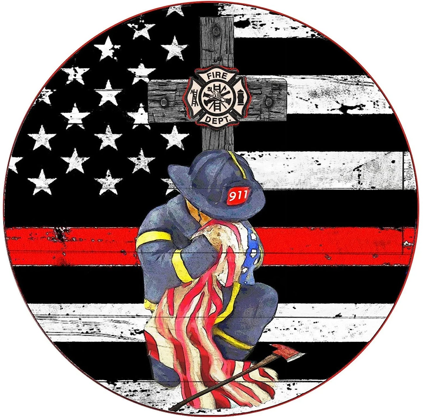 Round Metal Tin Sign Rustic Wall Decor Wall Plaque Firefighter Wreath Sign Firefighter Respect Sign - 8 inches - metal sign