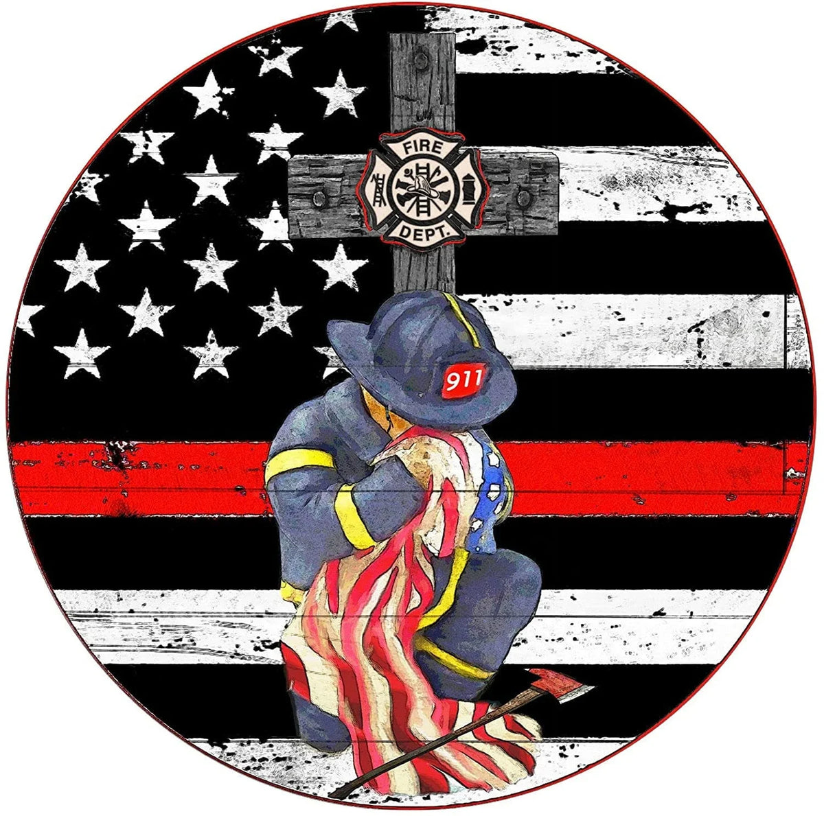 Round Metal Tin Sign Rustic Wall Decor Wall Plaque Firefighter Wreath Sign Firefighter Respect Sign - 8 inches - metal sign