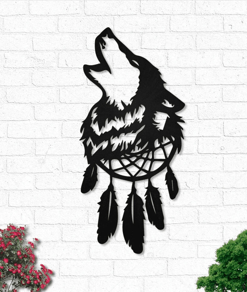 Native Wolf Dream Catcher Feathers Metal House Sign - 8 inches - metal sign