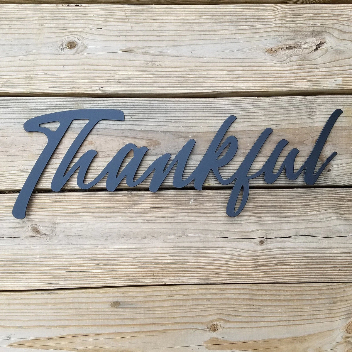 Thankful Script Metal Sign Black Steel Word Art Inspirational Wall Hanging - 8 inches - metal sign