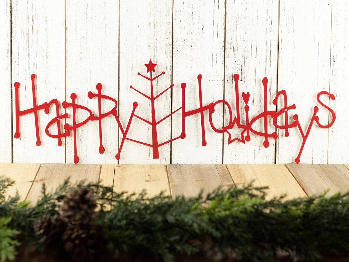 Happy Holidays Metal Sign With Christmas Tree Red Christmas Tree Outdoor Holiday Decor Christmas - 8 inches - metal sign