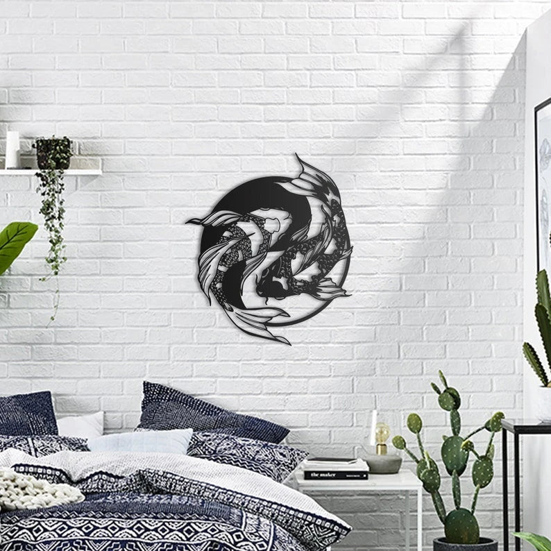 Koi Ying Yang Wall Decor Signs Bedroom Living room Bathroom Office Kitchen - 8 inches - metal sign