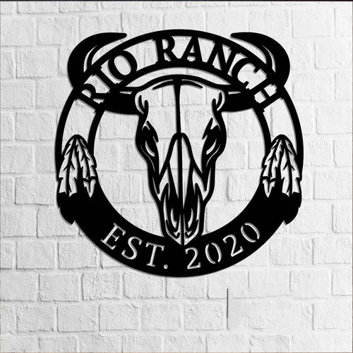 Bull Skull Sign Skull Bull Ethnic Feather Cow Skull Antlers Southwestern Decor Entrance Sign Longhorns Sign West Sign - 8 inches - metal sign