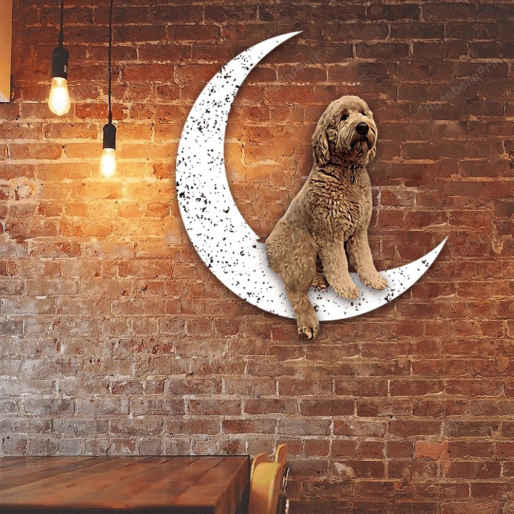 Dog Metal Sign Little Goldendoodle Sit On The Moon Gift for Dog Lover - 8 inches - metal sign