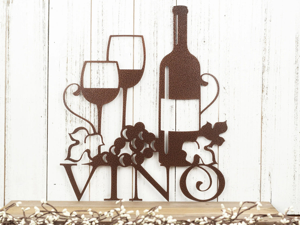 Wine Wall Decor Vino Sign With Grapevines Wine Lover Gift Wine Sign Bar Wine Signs For Kitchen Copper Vein Shown - 8 inches - metal sign