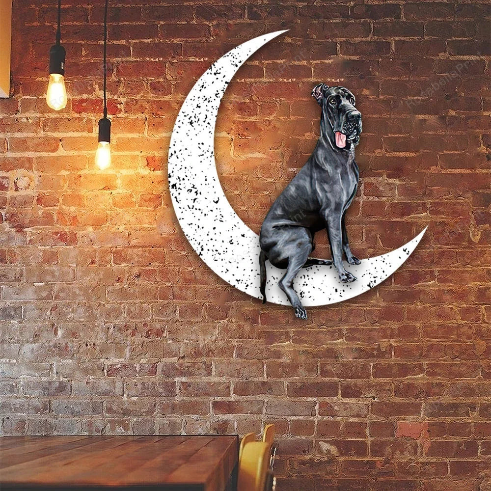 Dog Metal Sign Little Black Great Dane Sit On The Moon Gift for Dog Lover - 8 inches - metal sign