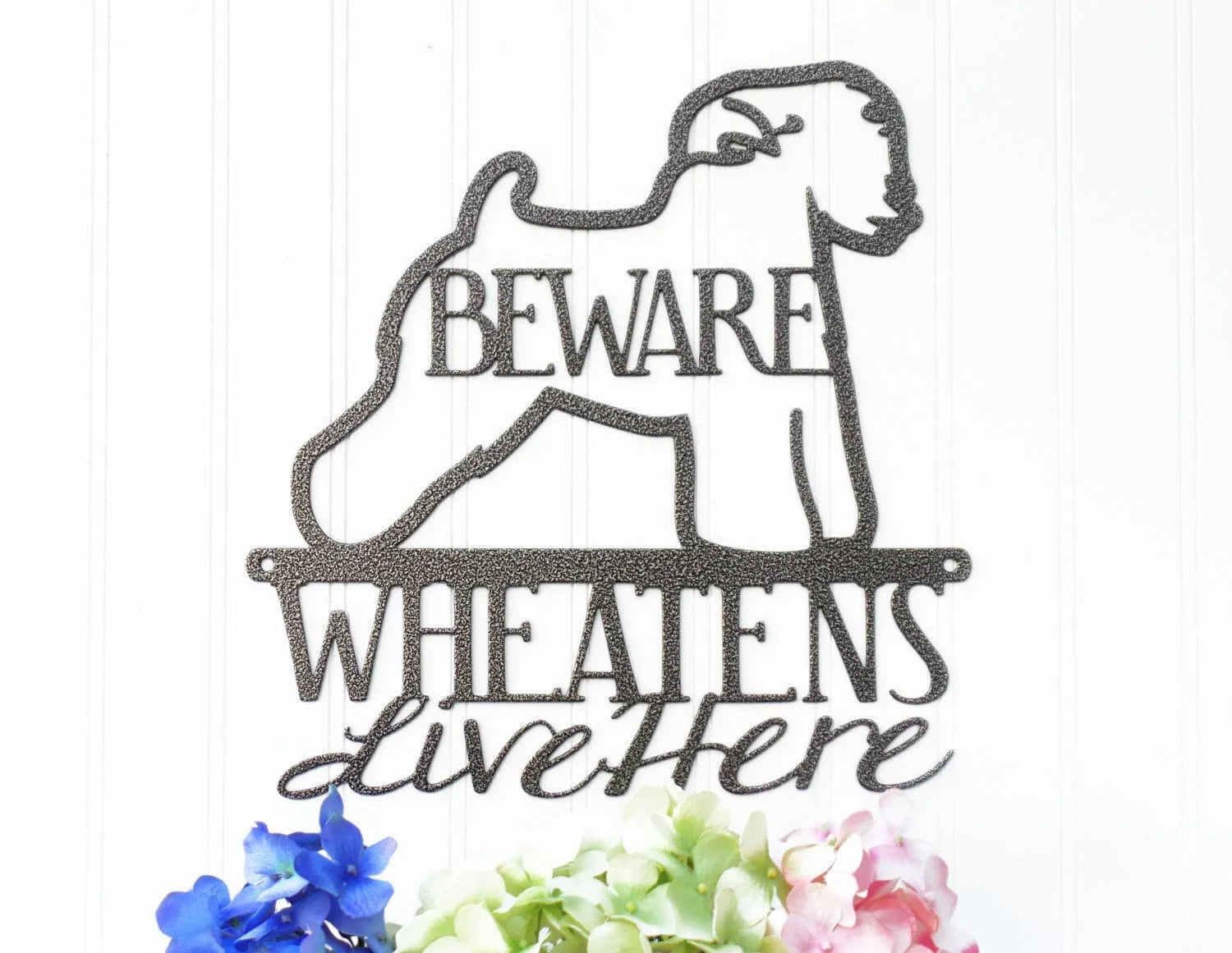 Wheatens Live Here Metal Sign Silver Wheaten Terrier Wheaten Dog Sign Outdoor Sign - 8 inches - metal sign
