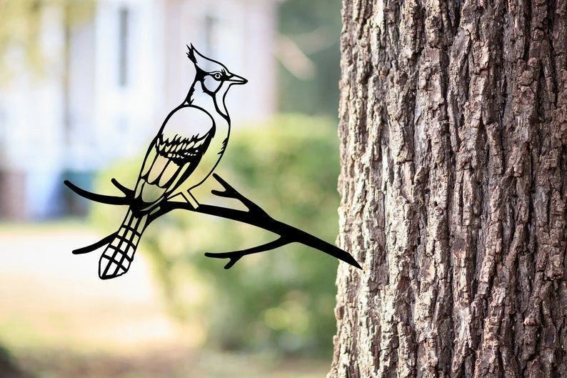 Blue Jay Bird Metal Bird Tree Stake Christmas Gift - 8 inches - metal sign