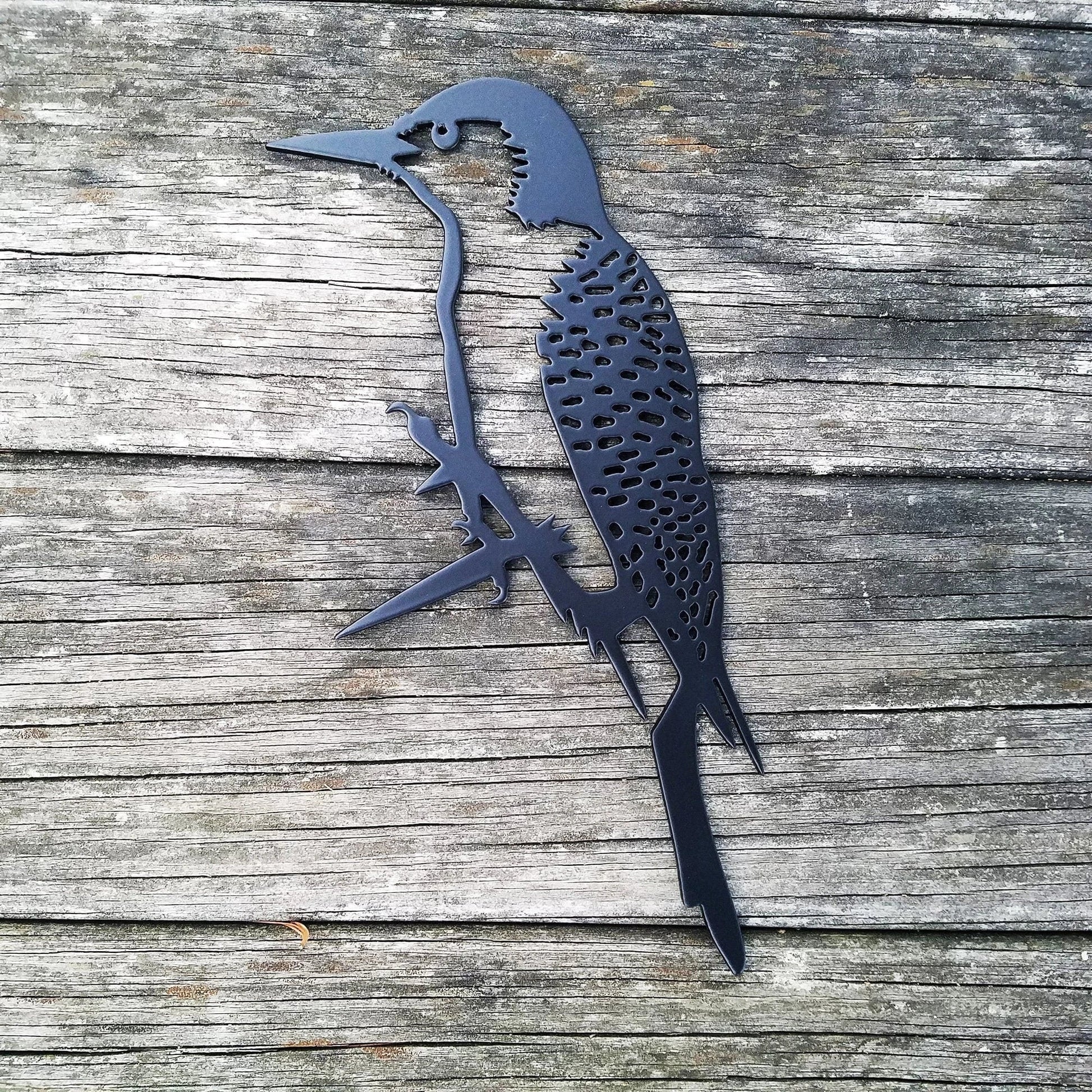 Woodpecker Metal Tree Sign Hammer In Spike Steel Bird Silhouette Raw For Patina Or Black Powder Coat Finish - 8 inches - metal sign