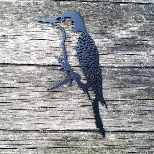 Woodpecker Metal Tree Sign Hammer In Spike Steel Bird Silhouette Raw For Patina Or Black Powder Coat Finish - 8 inches - metal sign