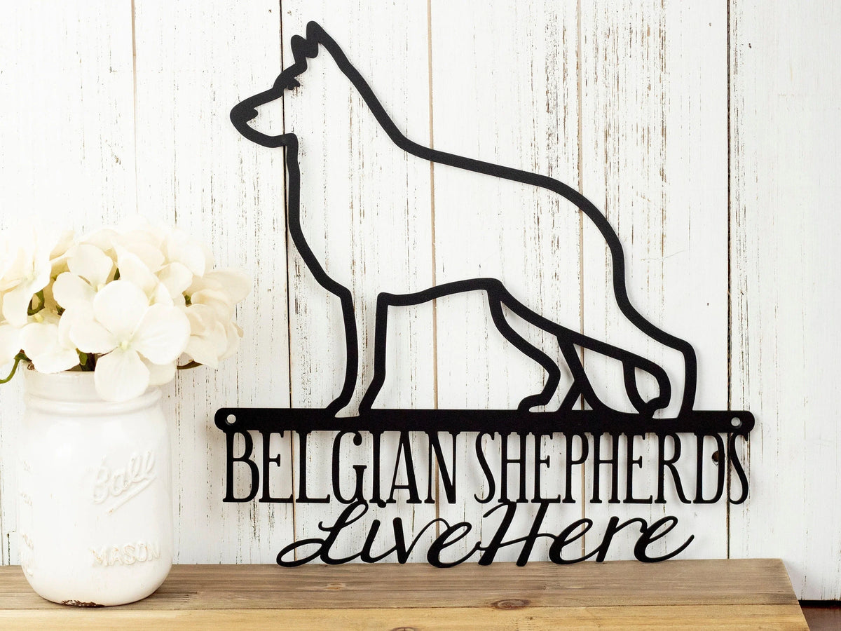 Belgian Shepherds Live Here Metal Sign Black Metal Sign Dog Sign Door Sign Wall Hanging Wall Plaque - 8 inches - metal sign