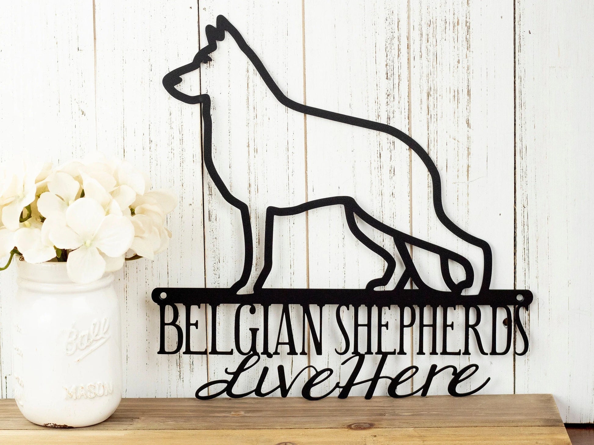 Belgian Shepherds Live Here Metal Sign Black Metal Sign Dog Sign Door Sign Wall Hanging Wall Plaque - 8 inches - metal sign