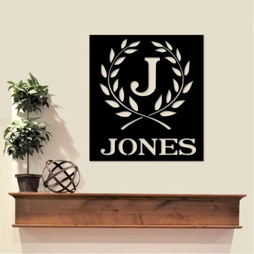 Family Name Sign Metal Wall Plaque Last Name Sign Gift Leafy Border Entryway Sign Christmas Gift - 8 inches - metal sign