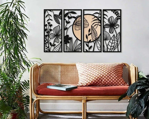 4 Panel Metal Wall Decor Large Living Room Wall Art Nature & Sun Bedroom Wall Decor Above Bed Decor Wall Art - 8 inches - metal sign