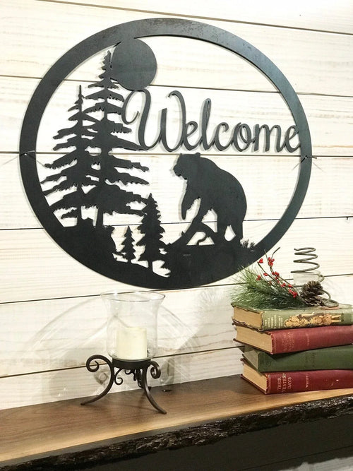 Welcome Sign For Front Porch Black Bear Fall Gifts Couple Gift - 8 inches - metal sign