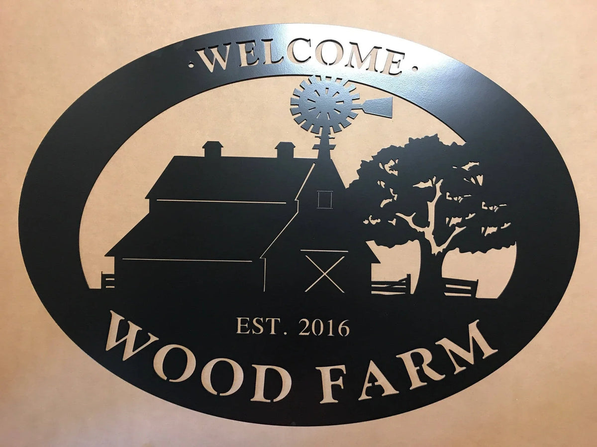 Metal Barn Sign With Barn Windmill Silhouette In Oval Metal House Sign - 8 inches - metal sign