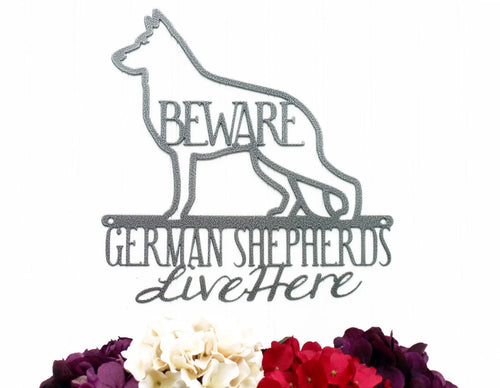 German Shepherds Live Here Metal Sign Silver Metal Sign Dog Sign Door Sign Wall Hanging Wall Plaque - 8 inches - metal sign