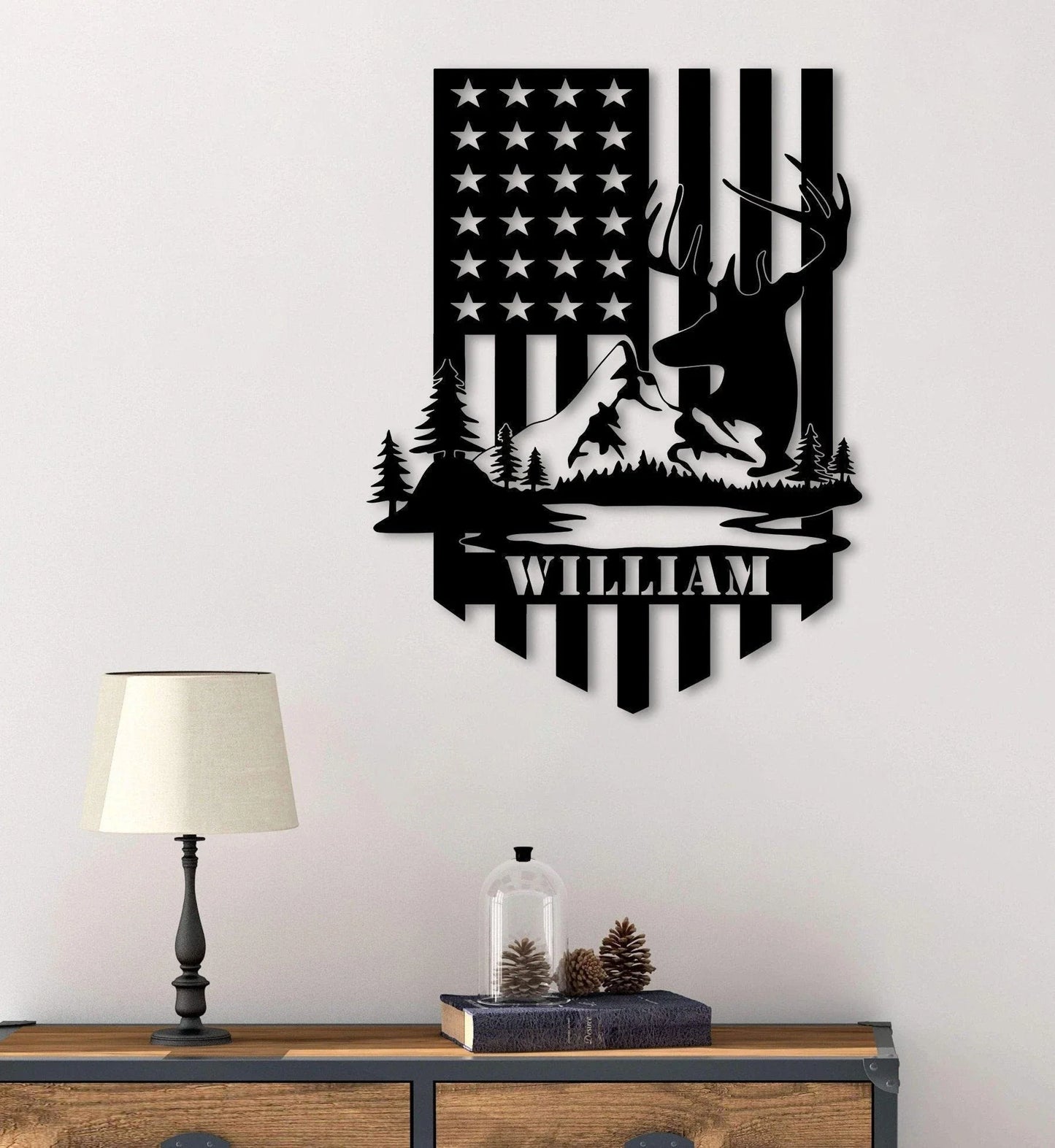 Dear Hunting American Flag Metal Sign Mountain Sign Deer Sign Hunting Sign Hunter Gift Metal Name Sign - 8 inches - metal sign