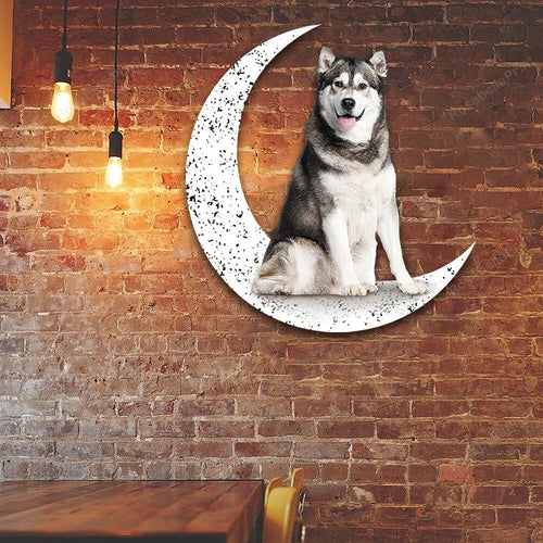 Dog Metal Sign Siberian Husky Sit On The Moon Gift for Dog Lover - 8 inches - metal sign