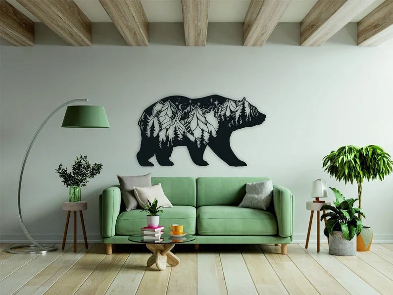 Bear And Forest Design Metal Wall Decor Night View Mountain Pattern Discount Wall Decor Bear Decor Inspirational Decors - 8 inches - metal sign