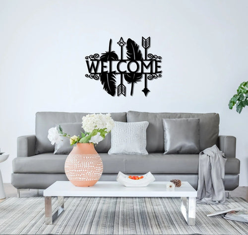 Welcome Sign Decor Outdoor Indoor Metal Sign Non Rust Metal Decor Home Entrance Decoration Feathers Decor Metal Abstract Art - 8 inches - metal sign