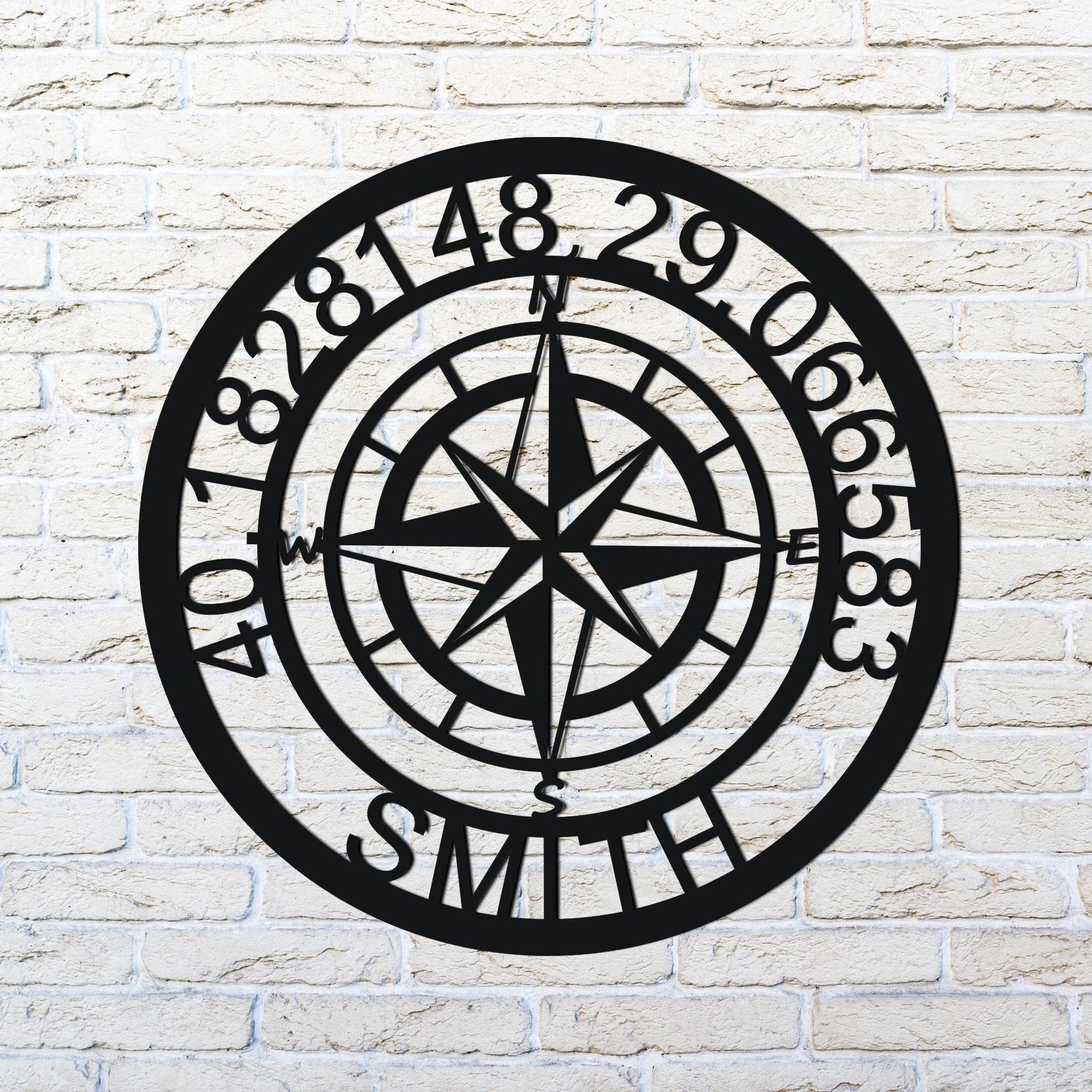 Personelized Nautical Compass With Gps Coordinates - 8 inches - metal sign