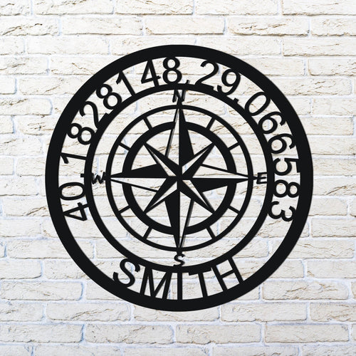 Personelized Nautical Compass With Gps Coordinates - 8 inches - metal sign