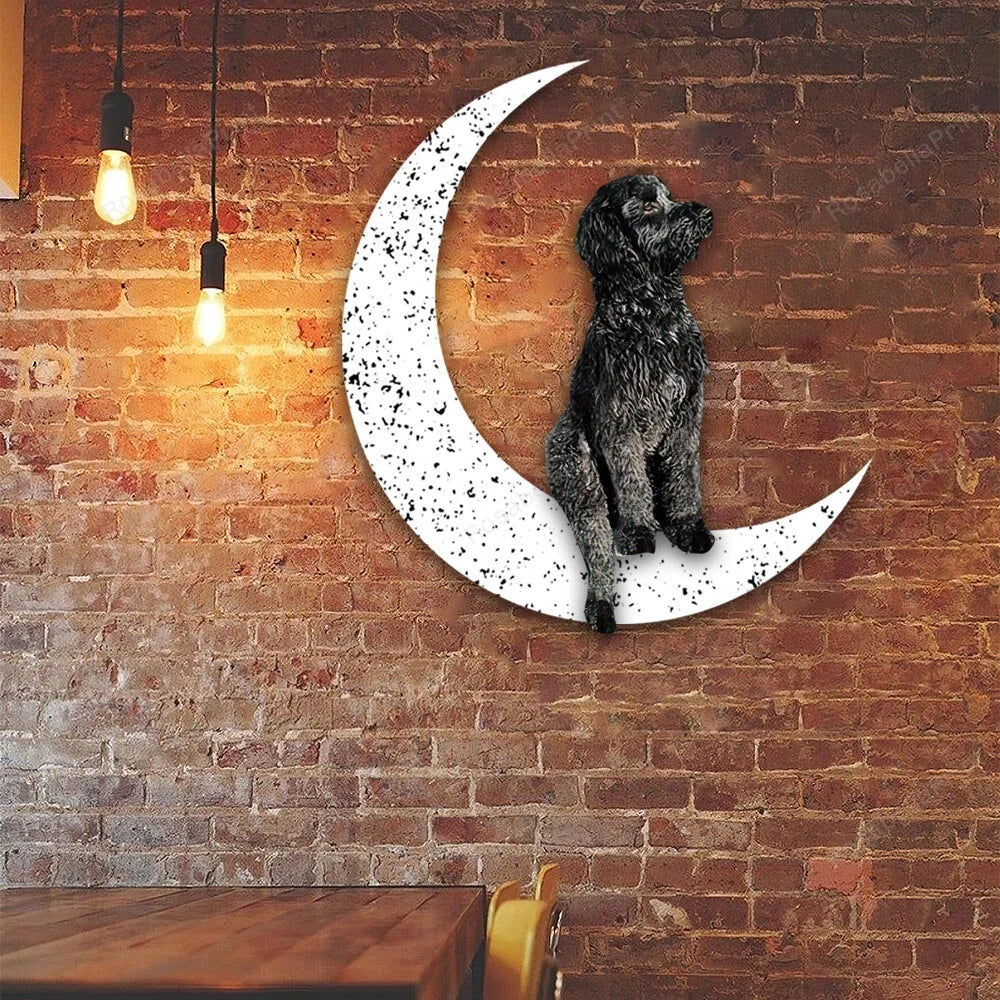 Dog Metal Sign Black Goldendoodle Sit On The Moon Dog Wall Sign Gift for Dog Lover - 8 inches - metal sign