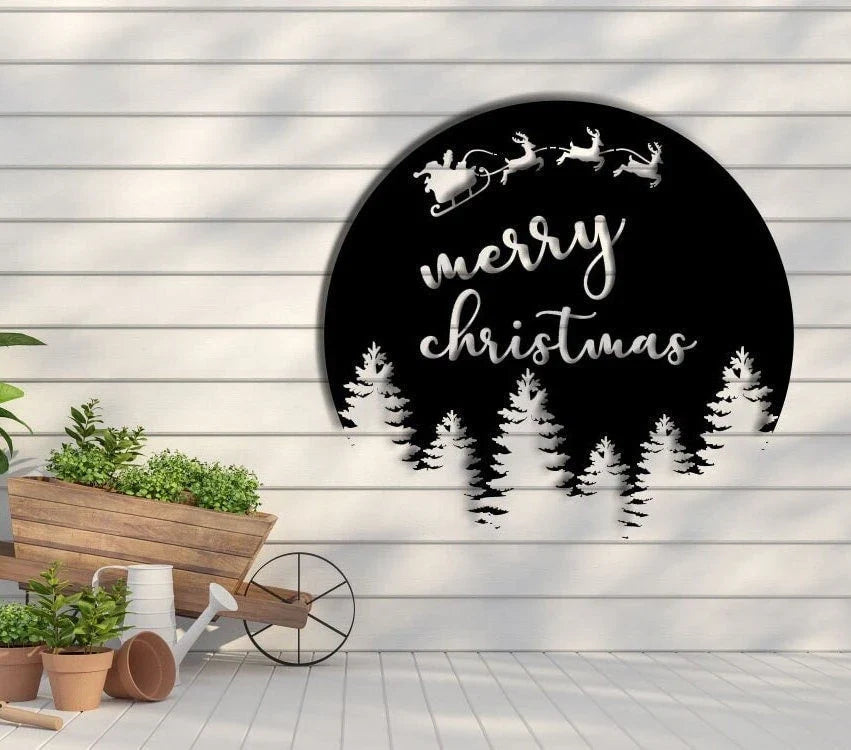 Santa Sleigh And Reindeer Metal Wall Sign Santa And Reindeer Wall Sign Sleigh Metal Art Wall Hangings Metal Sign Christmas Gift Signs - 8 inches - metal sign