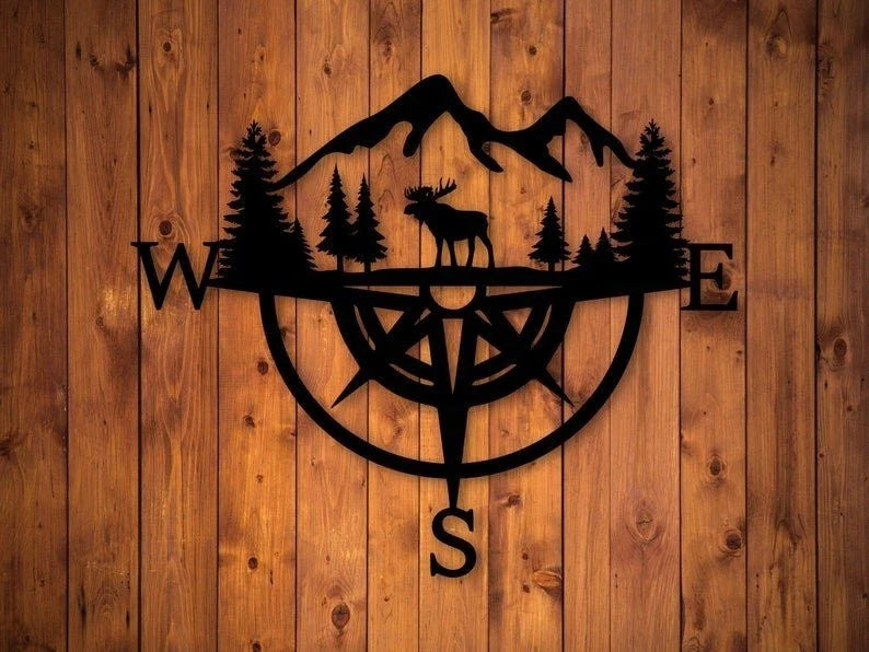 Moose Compass Metal Sign Woodland Animal Wall Decoration - 8 inches - metal sign