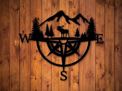 Moose Compass Metal Sign Woodland Animal Wall Decoration - 8 inches - metal sign