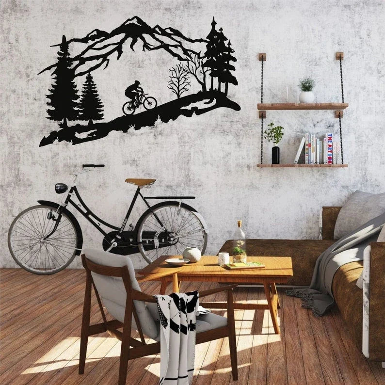 Metal Wall Decor Metal Biker Mountain Tree And Cyclist Bicycle Lover Gift ation Wall Hangings - 8 inches - metal sign