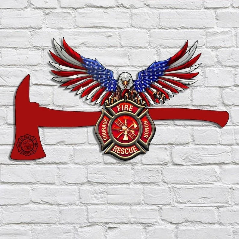 Firefighter Metal Wall Sign American Firefighter Logo Axe Metal Wall Hanging Honor Rescue Metal Cut House Decor Gift For Firefighter - 8 inches - metal sign
