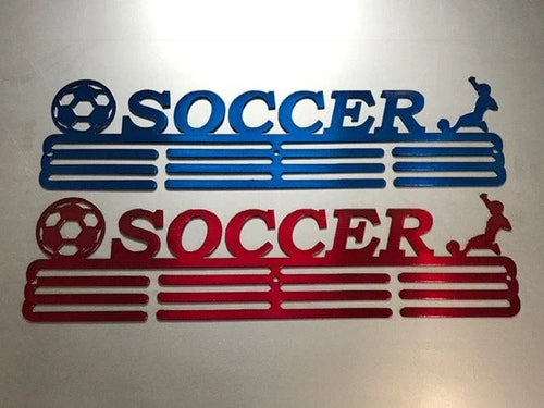 Soccer Medal Hanger Holder Display Rack Male 3 Rung Cut Metal Sign - 8 inches - metal sign