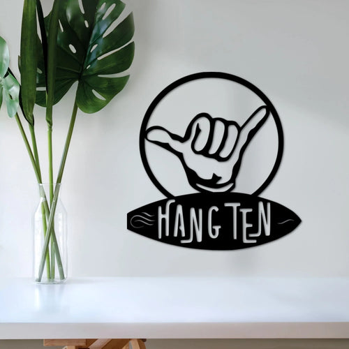 Hang Ten Sign Surf Art Surfing Decor Gifts For Surfer Hawaiian Decor Ocean Gift For Him Or Her - 8 inches - metal sign