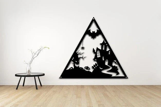 Halloween Metal Sign Triangle Shaped Halloween Pumpkin Metal Sign Horror Day Decor Halloween Day Decor Wall Hanging - 8 inches - metal sign