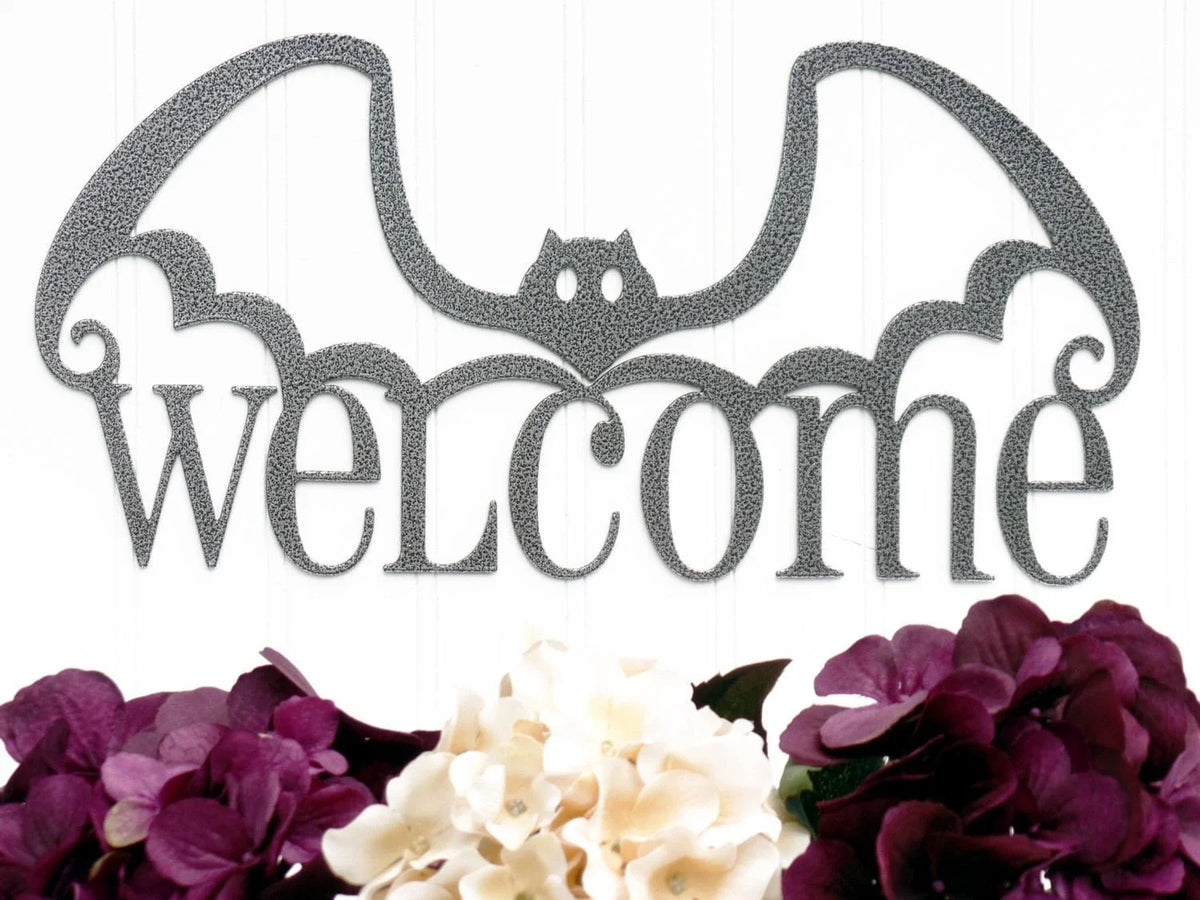 Halloween Bat Welcome Metal Sign Silver Halloween Decor Halloween Bats Outdoor Sign Door Sign Wall Art - 8 inches - metal sign