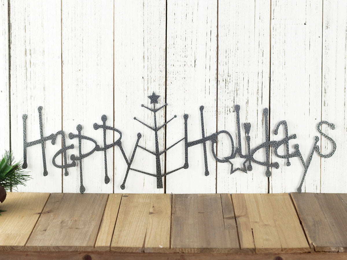 Happy Holidays Metal Sign With Christmas Tree Silver Christmas Tree Outdoor Sign Holiday Decor Christmas - 8 inches - metal sign