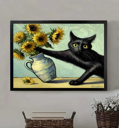 The Sunflower Black Cat – Artistic Cat Wall Art on Natural Wood Canvas