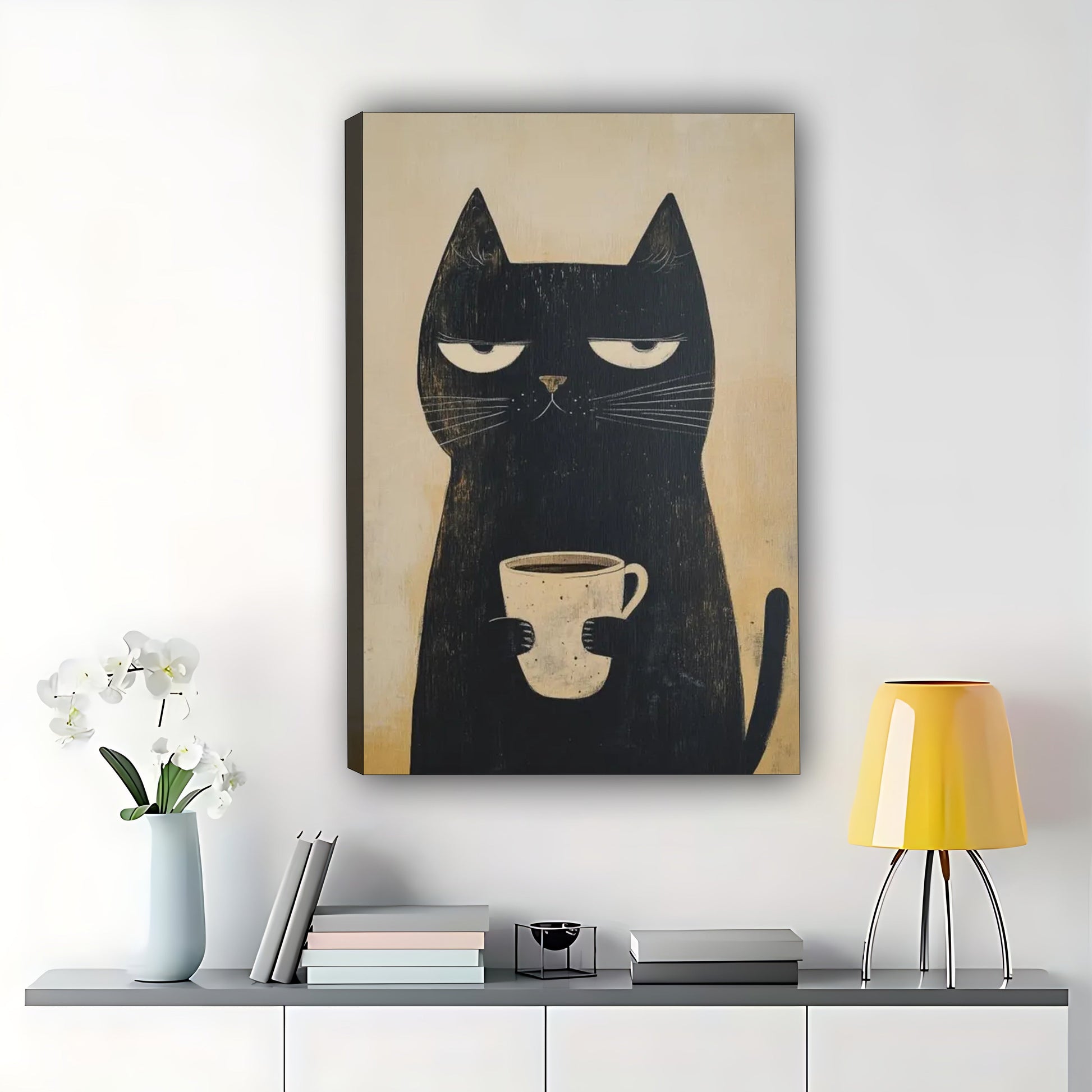 The Coffee-Loving Black Cat – Minimalist Feline Wall Art on Natural Wood Canvas