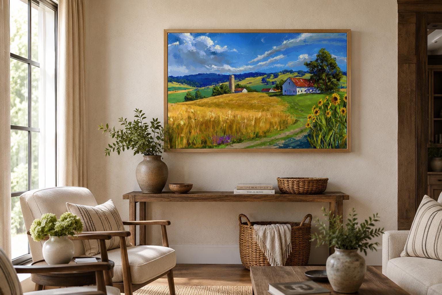 Farmhouse Landscape Wall Art - Impressionist Wheat Field with Sunflowers Canvas Print