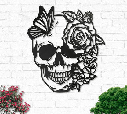 Flower Butterfly Skull Metal House Sign - 10 inches - metal sign
