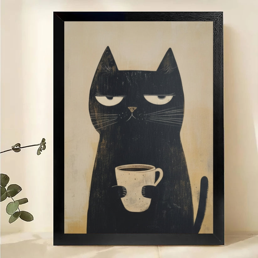 The Coffee-Loving Black Cat – Minimalist Feline Wall Art on Natural Wood Canvas